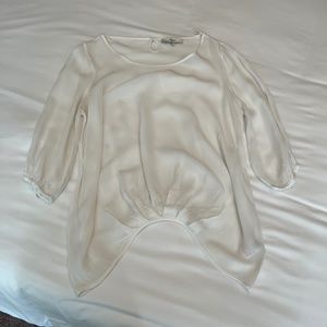 Unique vintage Next 3/4 sleeve gauzy white blouse with pleated high-low hemline
